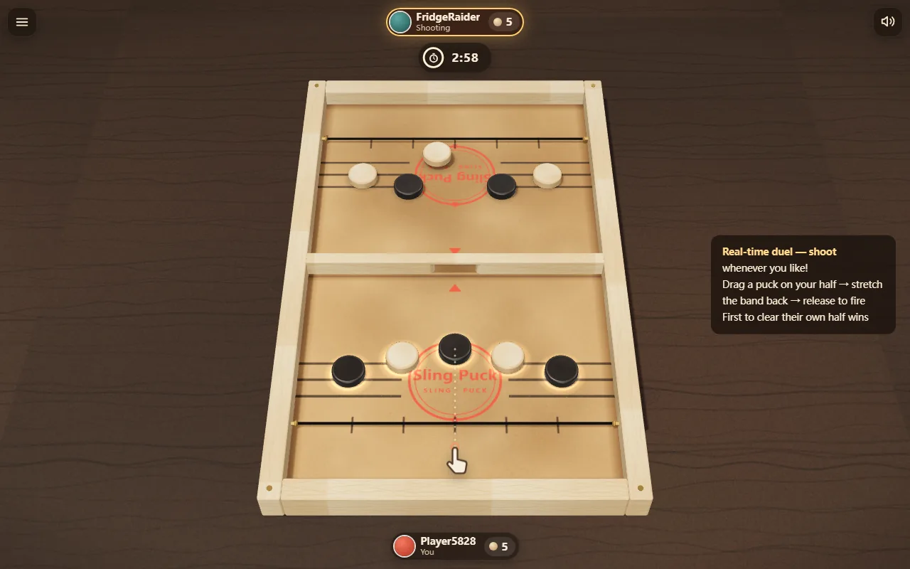 Fast Sling Puck 3D gameplay showing wooden pucks, elastic bands, and the centre gate